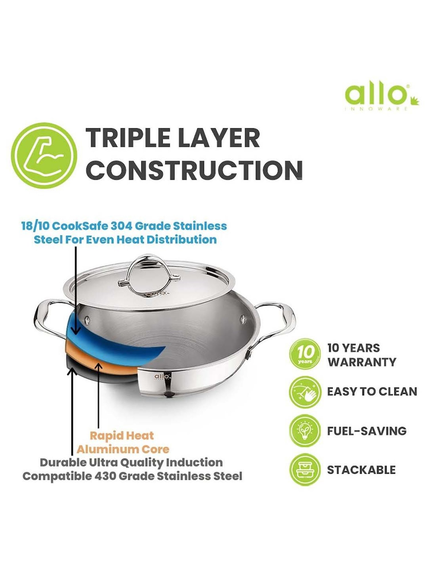 ALLO Silver Stainless Steel Induction Friendly Triply Kadhai (3 L)