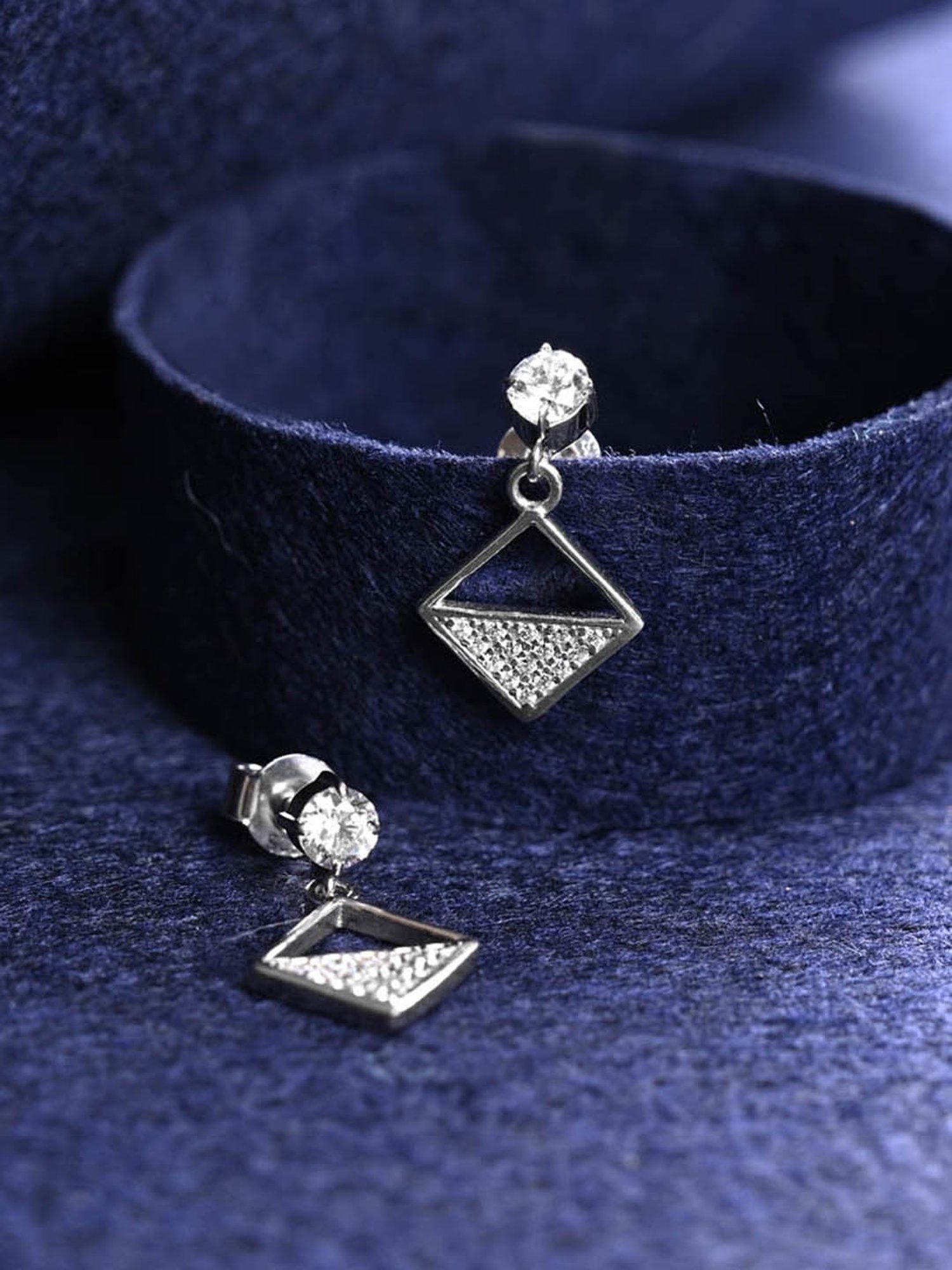 Clara 925 Silver Platinum Plated Swiss Zirconia Zeta Square Earrings Elegant Gift for Women