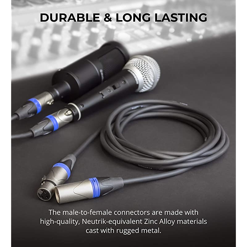 Audio 10-FT Balanced XLR Cable with 24 AWG Copper Wire and PVC Jacket - 3-Pin Male to Female Microphone Cord for Audio Interfaces, Mixers, Preamps, and Recorders