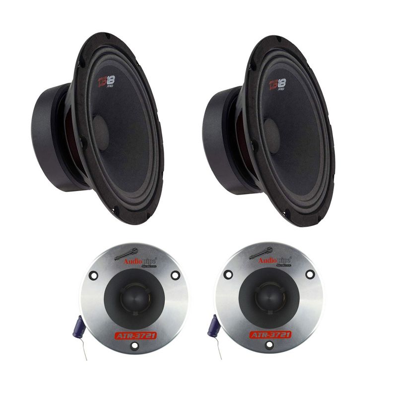 DS18 Pro GM 6.5" 480W 8 Ohm Mid Range Car and Truck Door Loudspeaker (2 Pack) w/Audiopipe ATR-3721 3.75" 350W Titanium Car Audio Bullet Tweeter, Pair