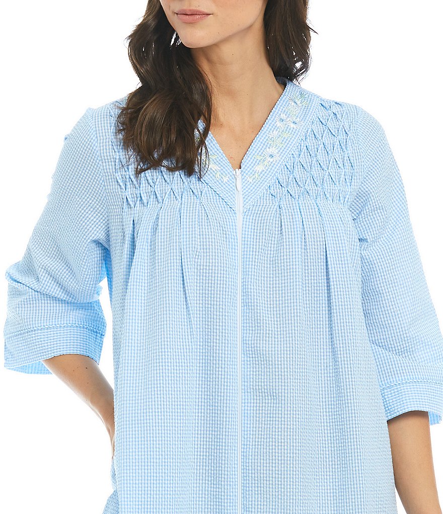 Miss Elaine Seersucker Checkered Print Long Zip-Front Robe