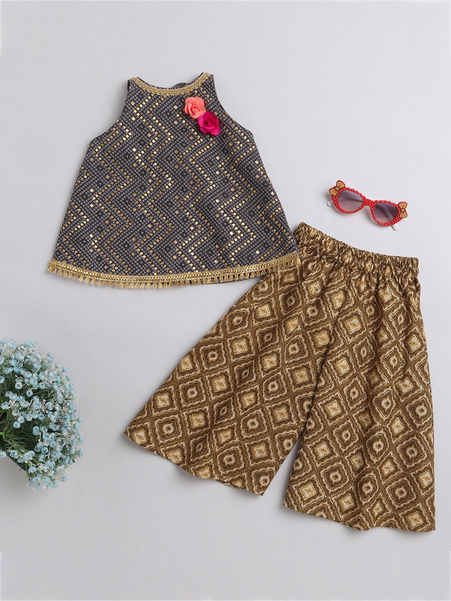 Many Frocks Kids Black & Mustard Embellished Kurta with Plazzos