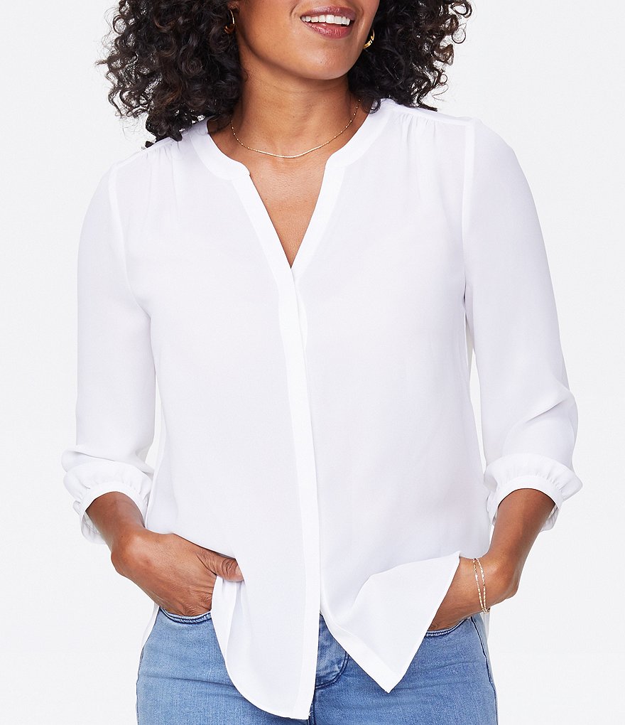 NYDJ Split Round Neck 3/4 Sleeve Pintuck Button Front Blouse