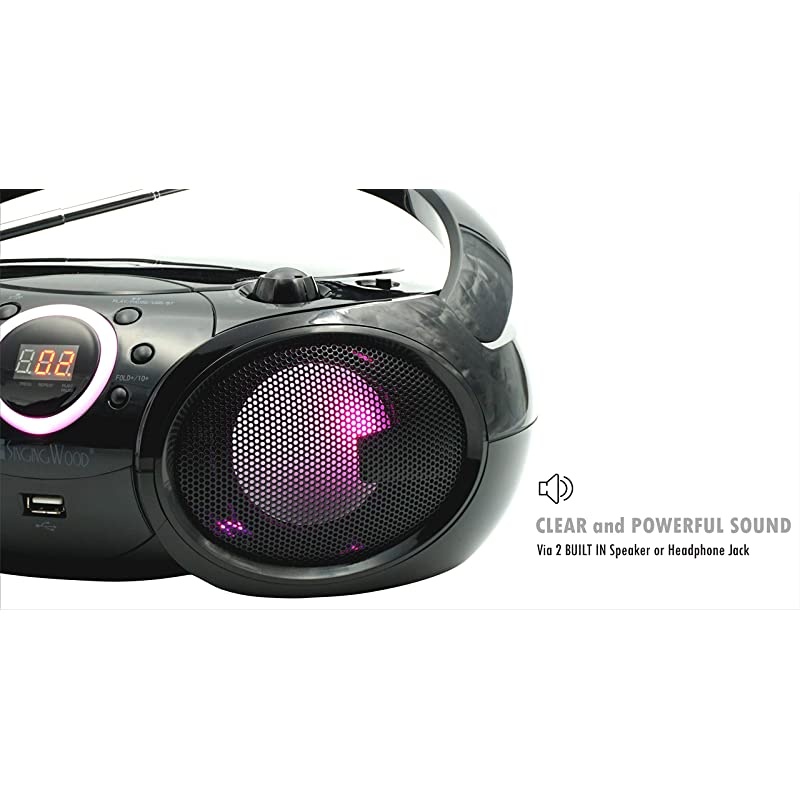 CD Player Boombox CDCDRCDRW Portable wBluetooth USB AMFM Radio Aux LineInput Headset Jack Foldable Carrying Handle and LED Light Phantom Black