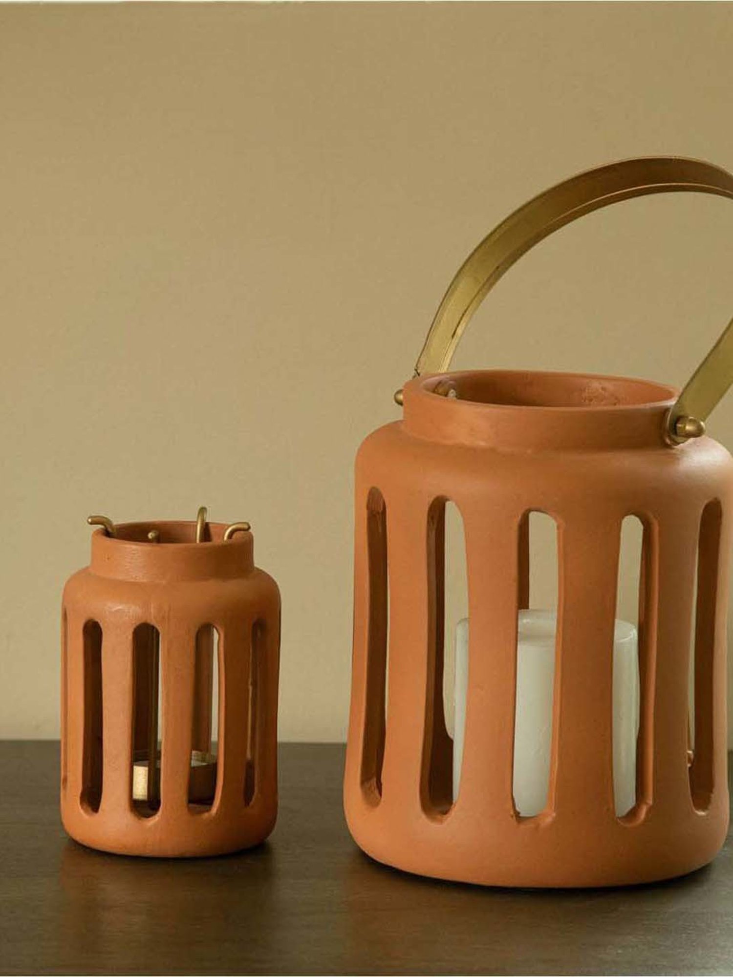 Ellementry Lupa Brown Terracotta Small Round Lantern with Metal Handle