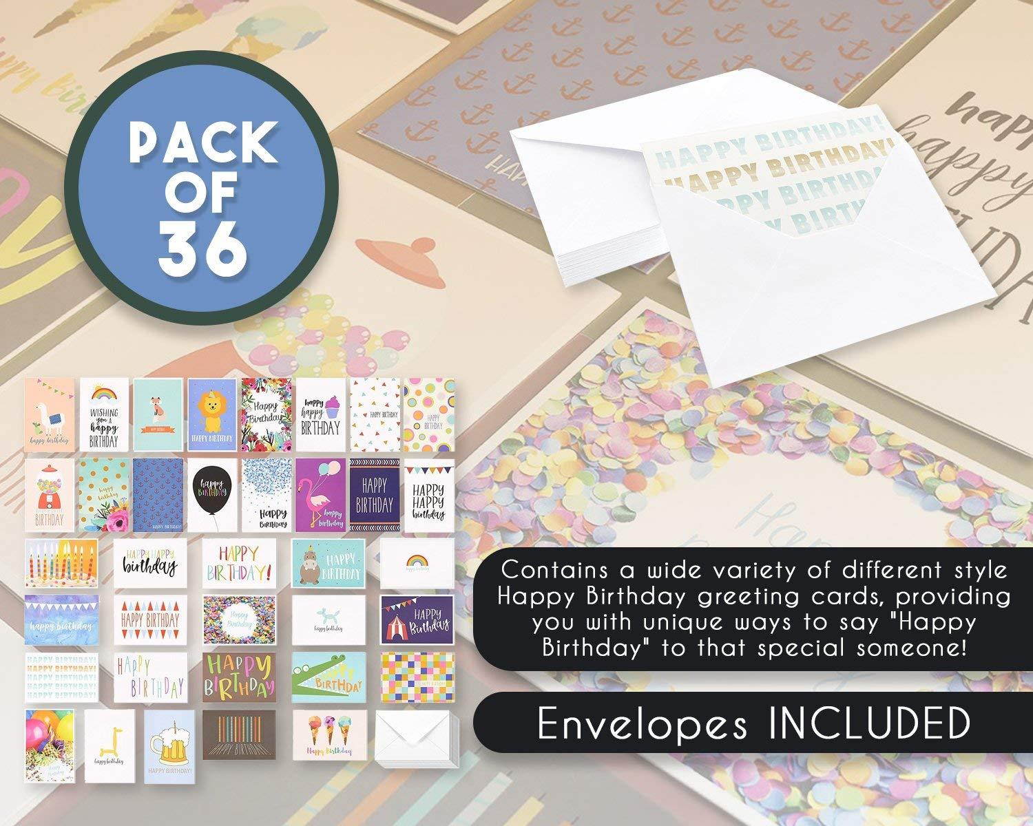 Birthday Card - 36-Pack Birthday Cards Box Set, Happy Birthday Cards - Unique Assorted Designs Blank on the Inside Birthday Card Bulk, Envelopes Included, 4 x 6 Inches