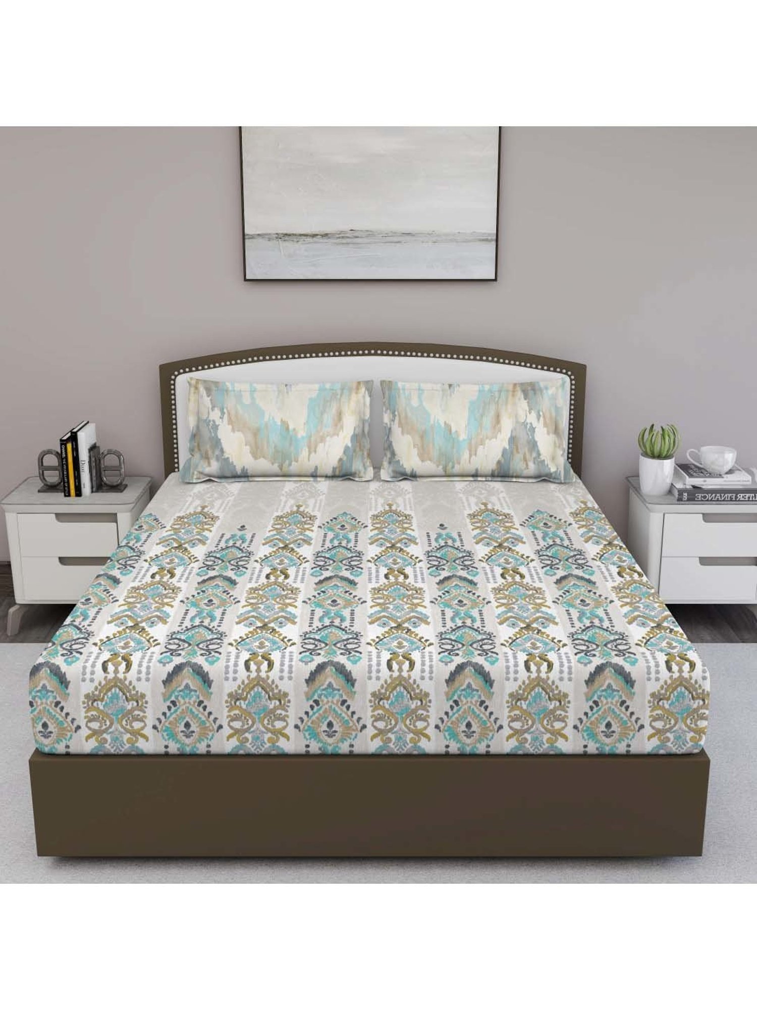 GM 'Fiesta' Blue & Beige Cotton 180 TC Double Bedsheet with 2 Pillow Covers