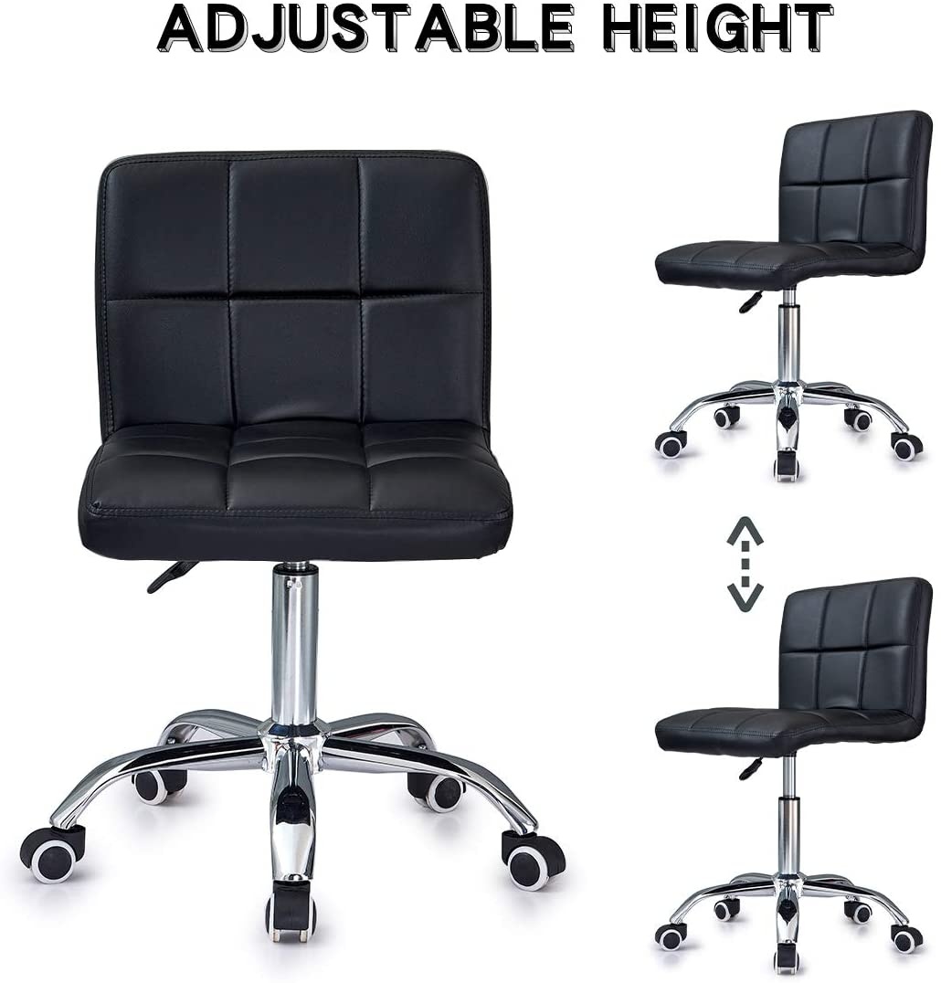 Ribbed Swivel Desk Chair Adjustable Task Chair PU Leather Mid Back Rolling Office Chair with Wheels Padded Task Conference Chair with Backrest for Office Home Computer Without Arms, White