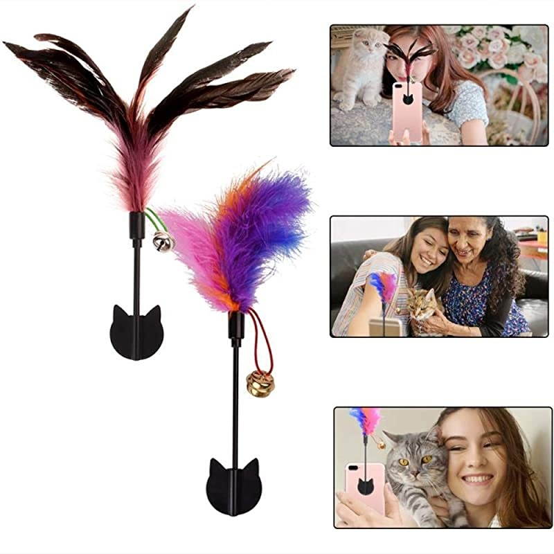 Selfie Cat Cat Selfie Stick with Funny Feather Teaser for Attract Cat AttentionReusable Removable Damage Free Compatible with All iPhone Sumsung Google Huawei Smartphone Tablet Models