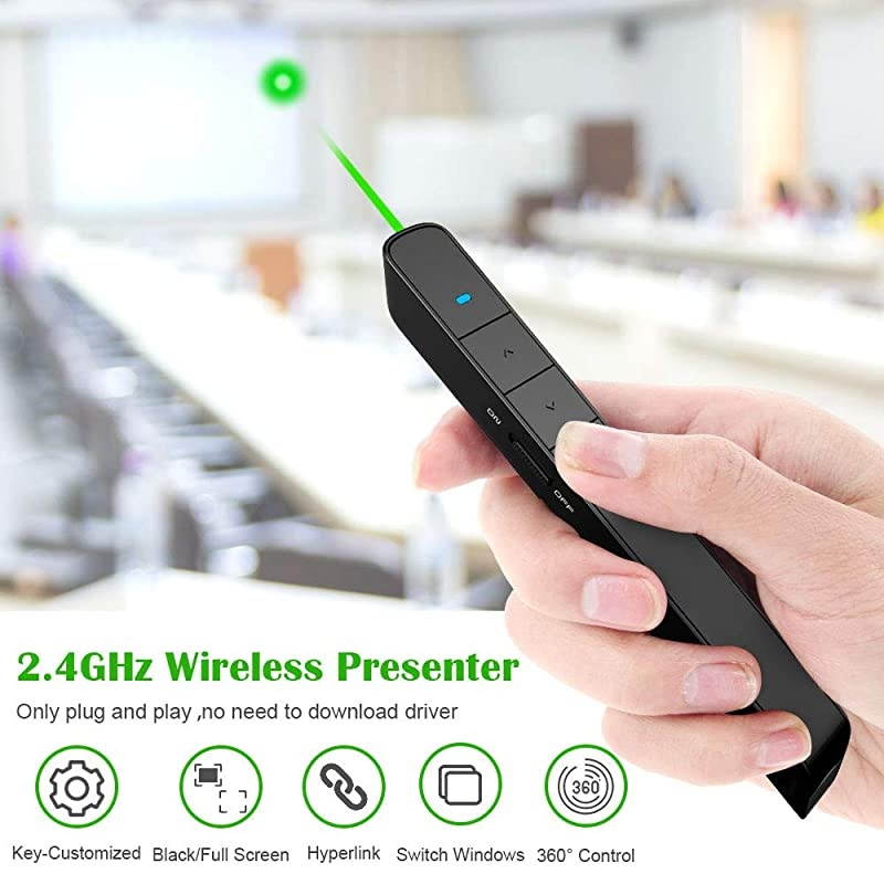 Presentation Clicker Green Light Pointer USB Rechargeable Wireless Presenter PowerPoint Clicker Hyperlink Presentation Remote Control Slide Advancer RF 2.4GHz For Keynote / Mac / PC / Laptop