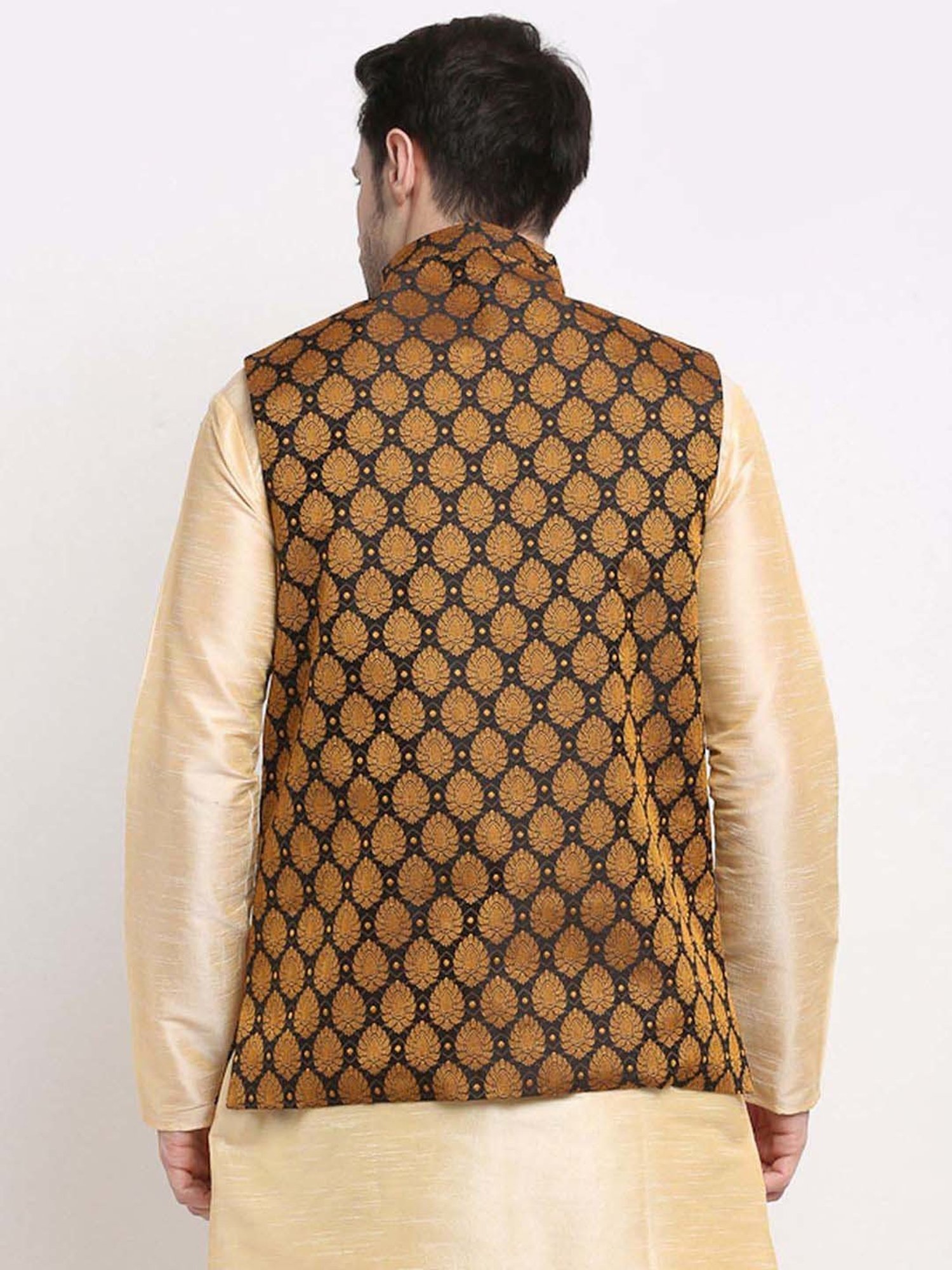Jompers Black & Gold Regular Fit Embroidered Nehru Jacket