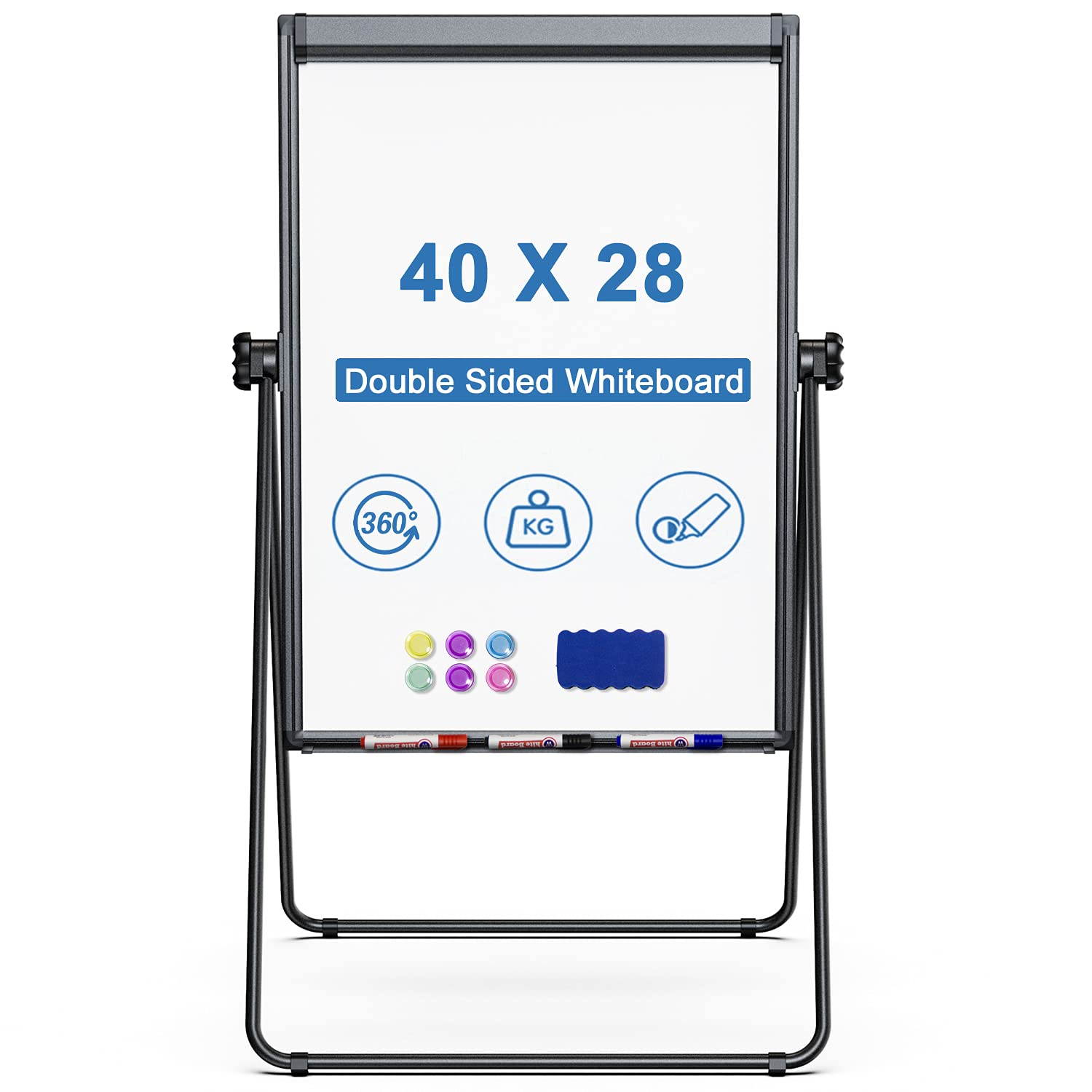 Double Sided White Board with Stands, Magnetic Whiteboard 40 x 28 inch Easel Stand, Height Adjustable Portable Dry Erase Board with 6 Magnets, 3 Markers, 1 Eraser for Home Office Teaching