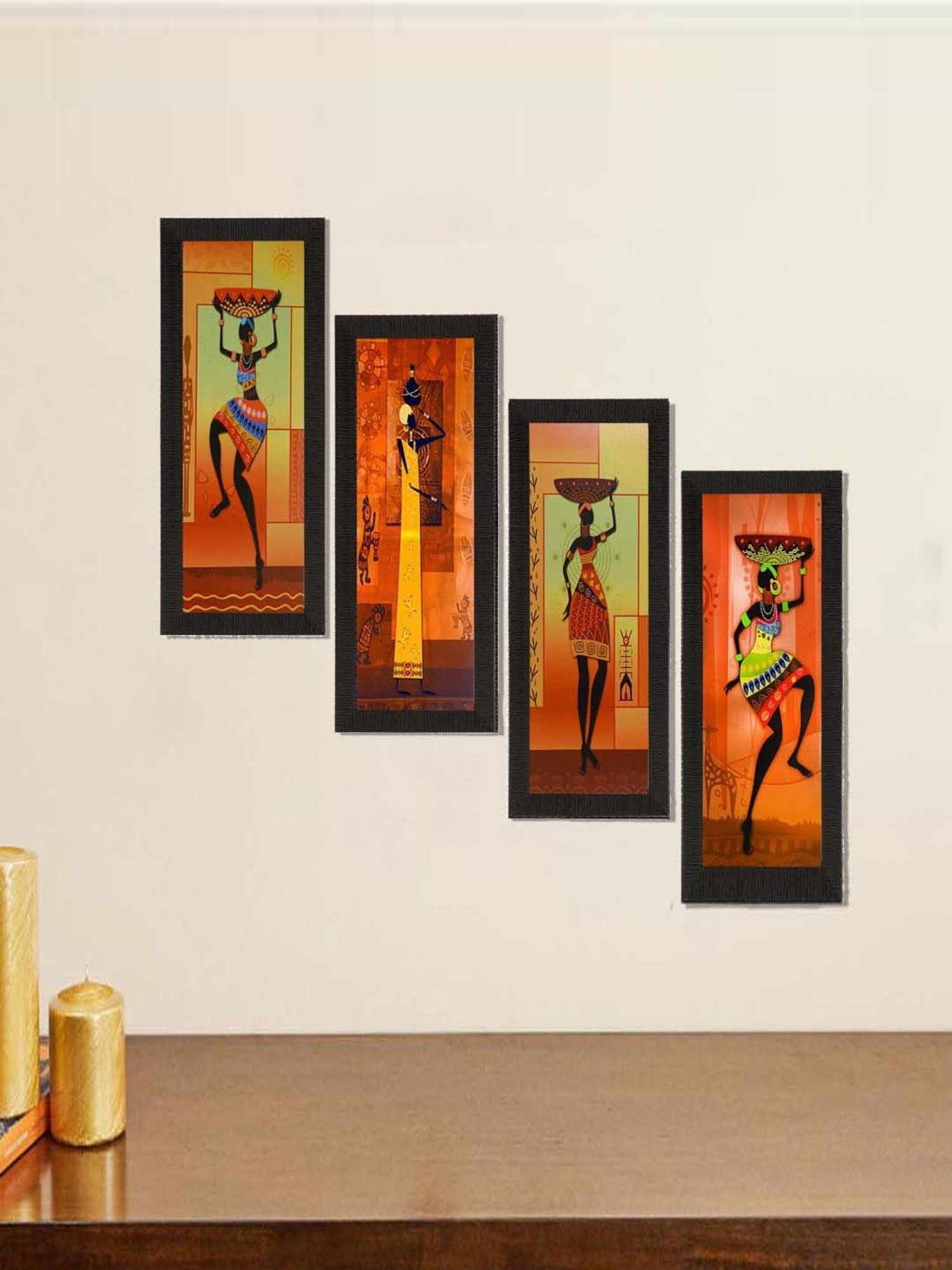 eCraftIndia Set of 4 Tribal Women Satin Matt Texture UV Art Painting