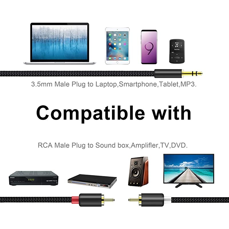 2 RCA to 3.5mm,  6Ft Braided 3.5mm Male to 2 Male RCA Audio Cable, Left and Right Channels AUX Stereo Cable for Audiophiles Headphone, Cellphone, MP3, Home Theater, HiFi Systems, Record Player