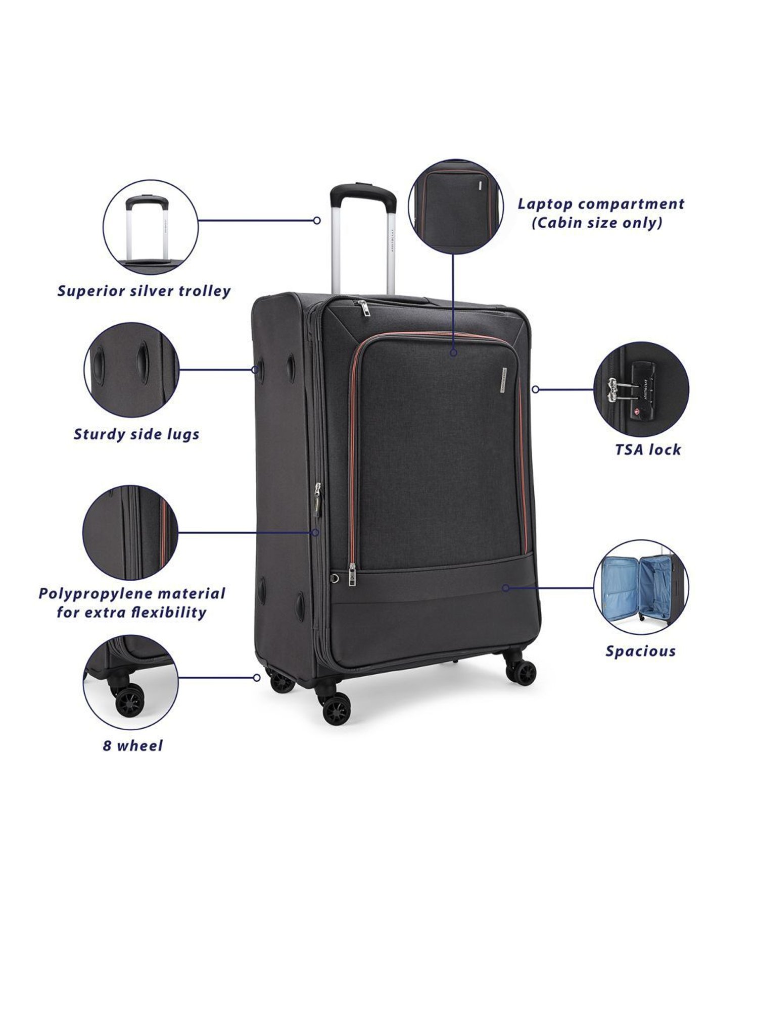 Aristocrat Saphire Plus Dark Grey Solid Soft Medium Trolley Bag - 32 cm