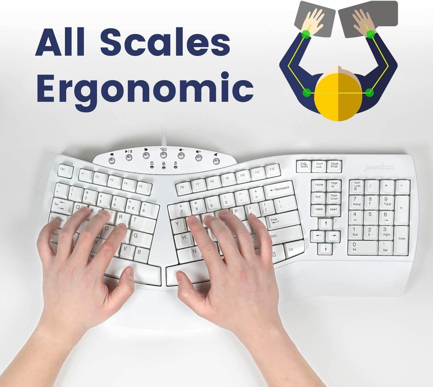 Perixx PERIBOARD-512W Periboard-512 Ergonomic Split Keyboard - Natural Ergonomic Design - White - Bulky Size 19.09"X9.29"X1.73", US English Layout