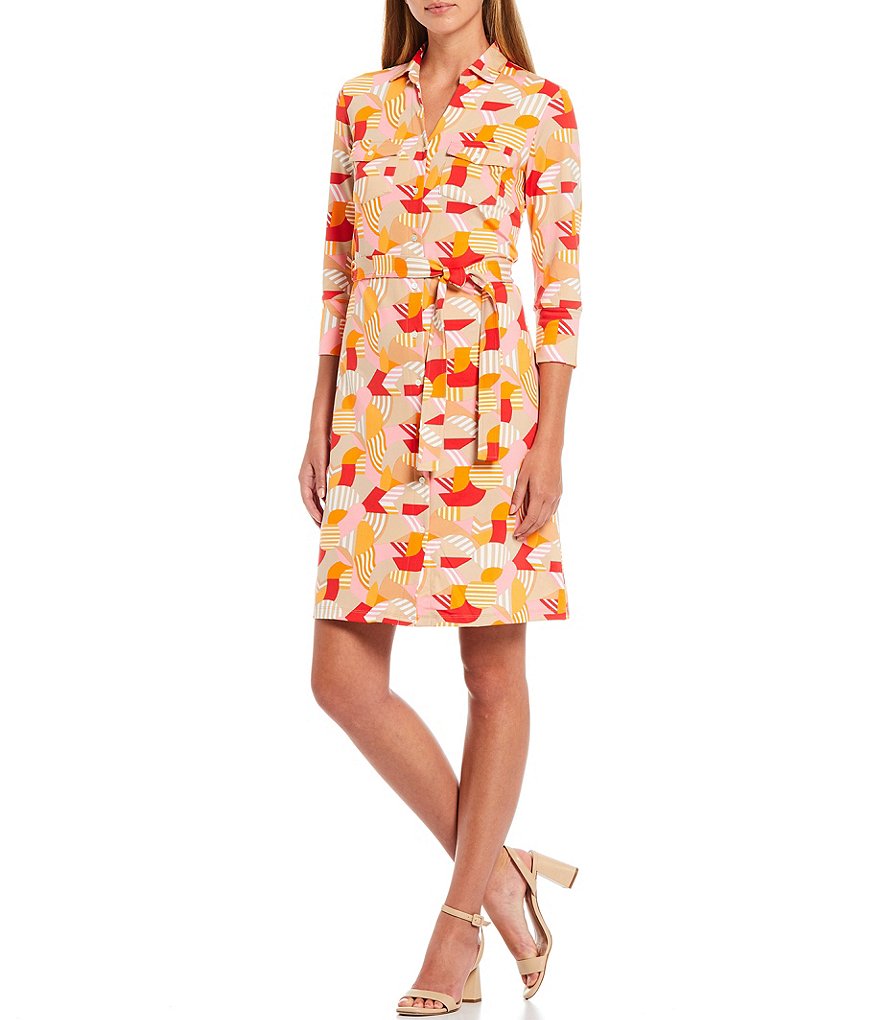 J.McLaughlin Brynn Geo Print Point Collar 3/4 Sleeve Knit Jersey Geo Print Shirtdress