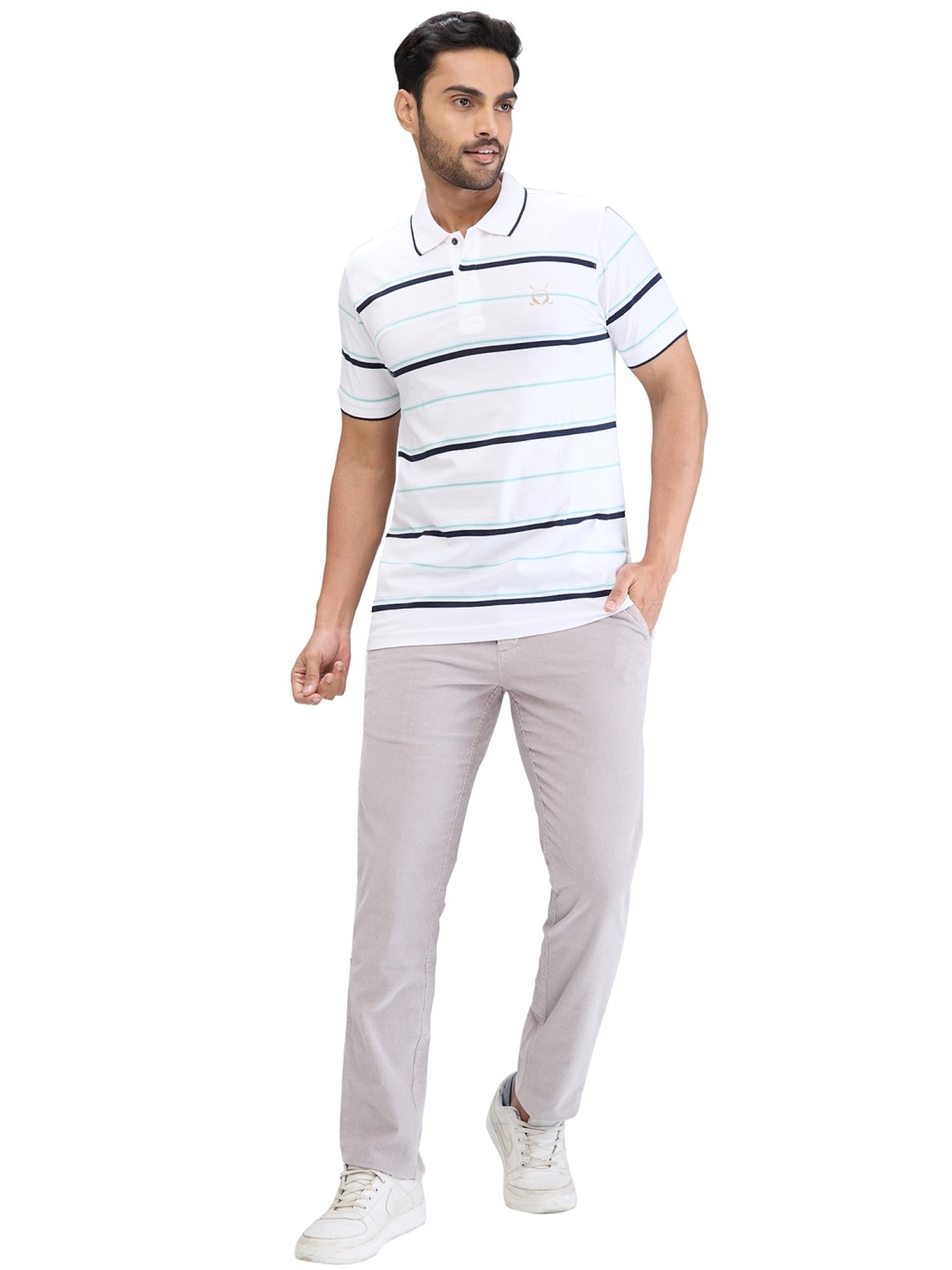Colorplus White Tailored Fit Striped Polo T-Shirt