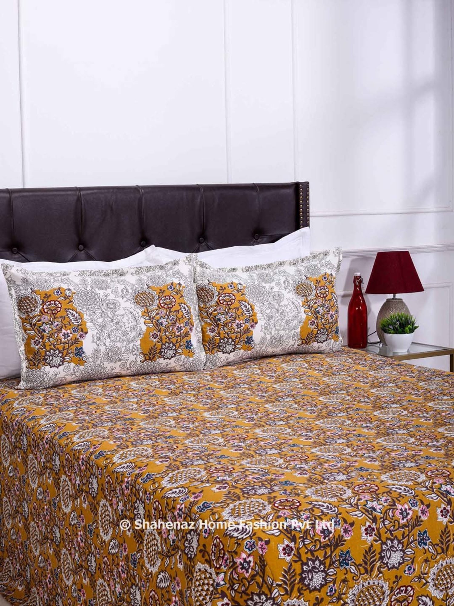 Shahenaz Mustard Yellow 120 TC Cotton Zara Flower Jaal Luxury Double Bedsheet with 2 Pillow Covers