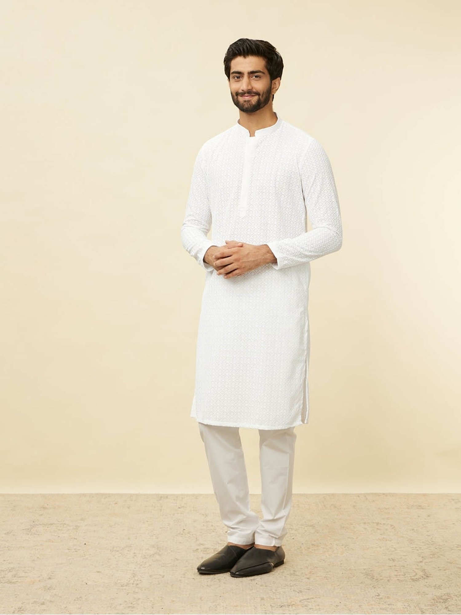 Manyavar White Regular Fit Embroidered Kurta Bottom Set