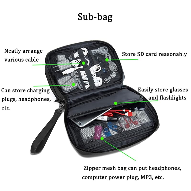 Electronic Organizer Double Layer Detachable Universal Waterproof Travel Cable Case Cord Accessories Storage Bag for Cable, iPad, Phone, Charger, USB, SD Card (Black)