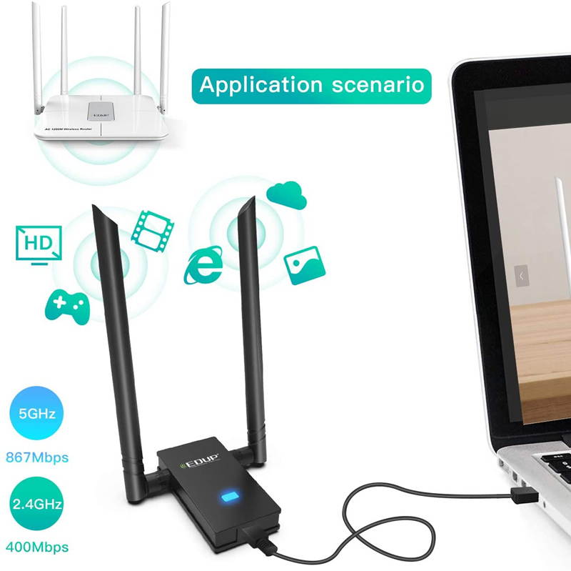 WiFi Adapter, USB 3.0 Wireless Adapter 802.11AC 1200Mbps Dual Band with 2.4G/5.8G 6DBI External Dual Antennas for PC Desktop Mac Windows