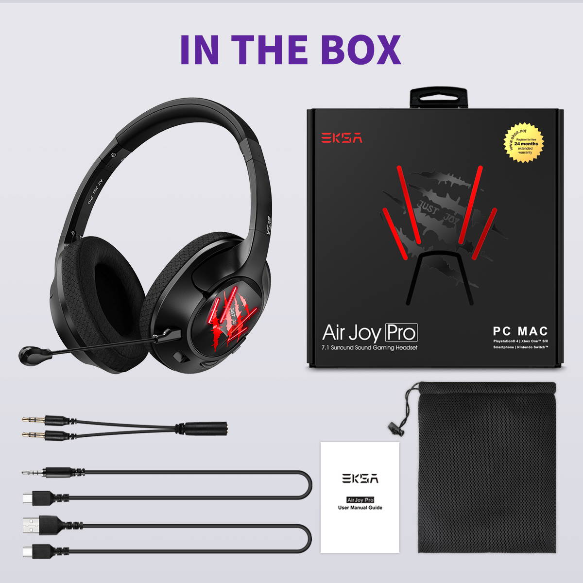 EKSA E3 Air Joy Pro USB Gaming Headphones With 7.1 Surround Sound LED Light 2 in 1 Stereo Gaming headset With Detachable Mic for Xbox/PS4/PC/Phones