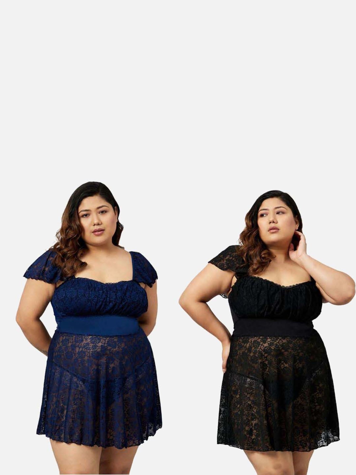 Secrets By ZeroKaata Black & Blue Lace Work Babydoll with Panty - Pack Of 2