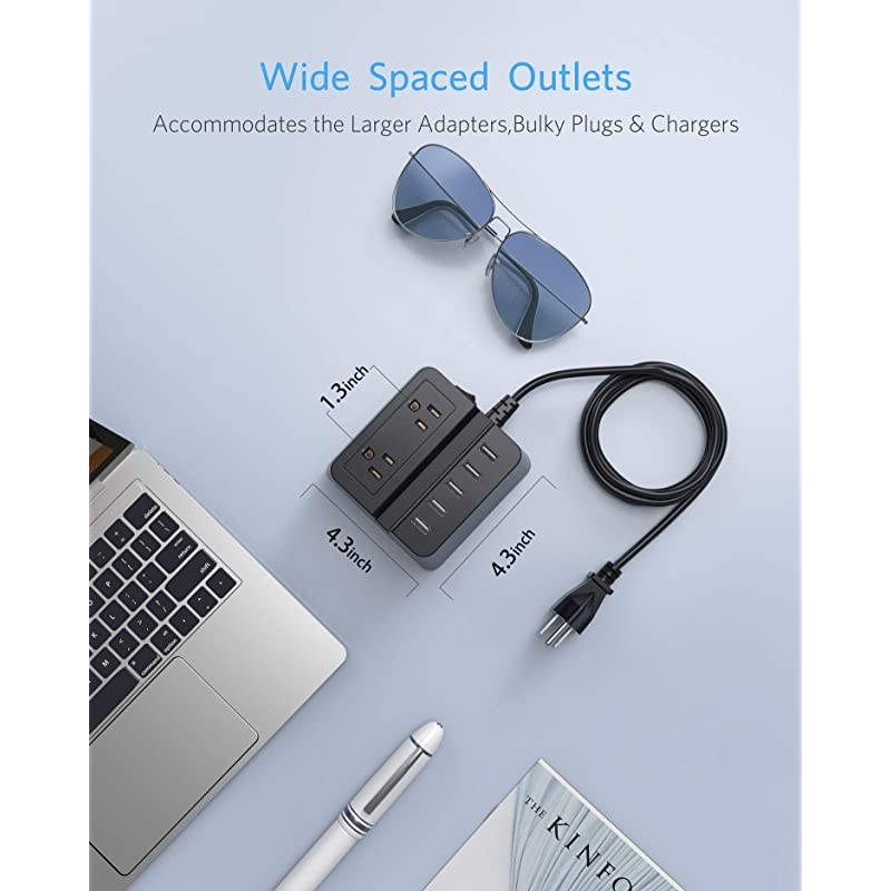 40W 8A 5-Port USB Charging Station 1700 Joule 2-Outlet Power Strip Surge Protector with 5-Feet Cord, Black