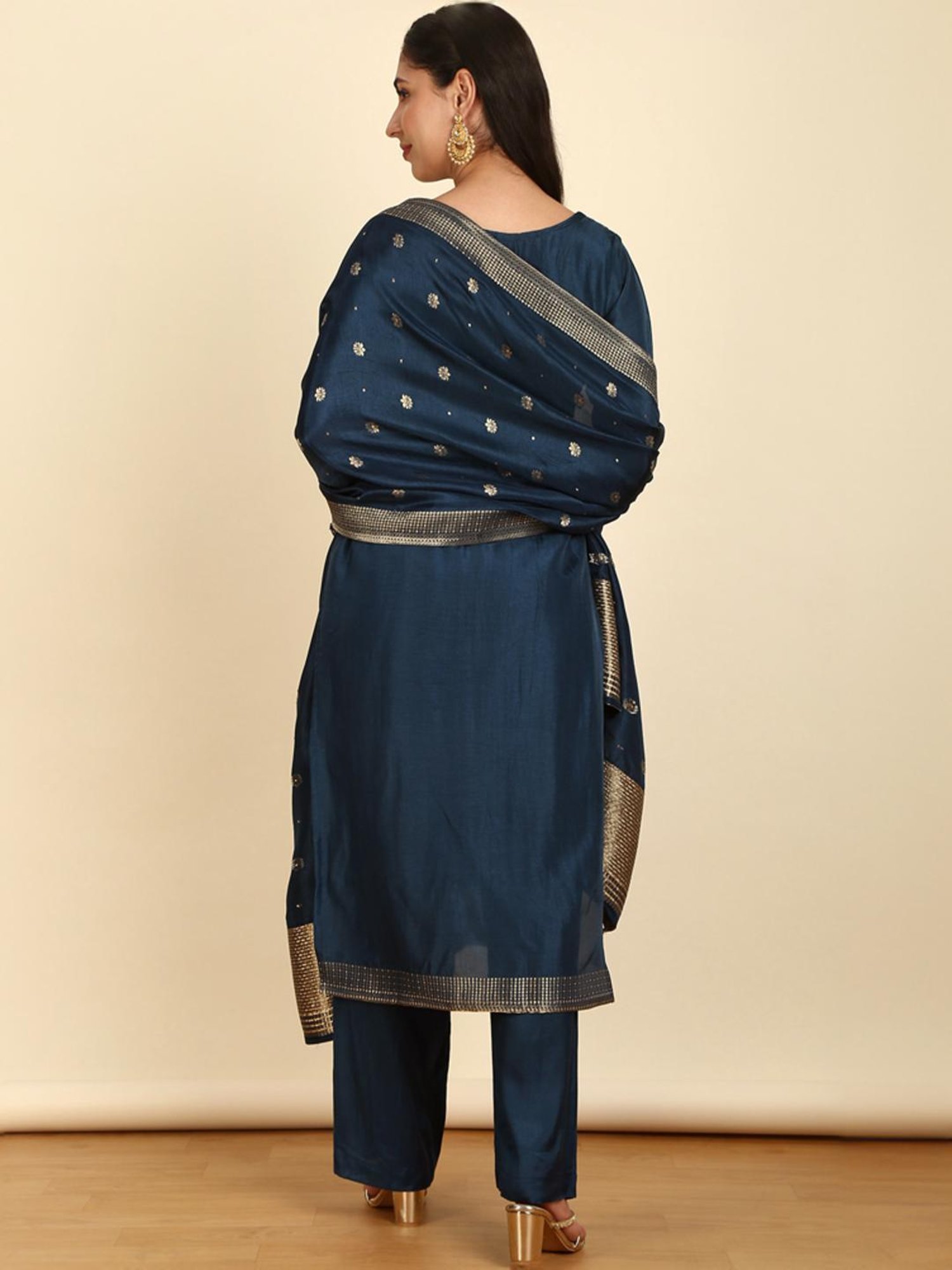 Soch Womens Navy Blue Silk Blend Zari Woven Unstitch Dress Material With Mirror & Cutdana