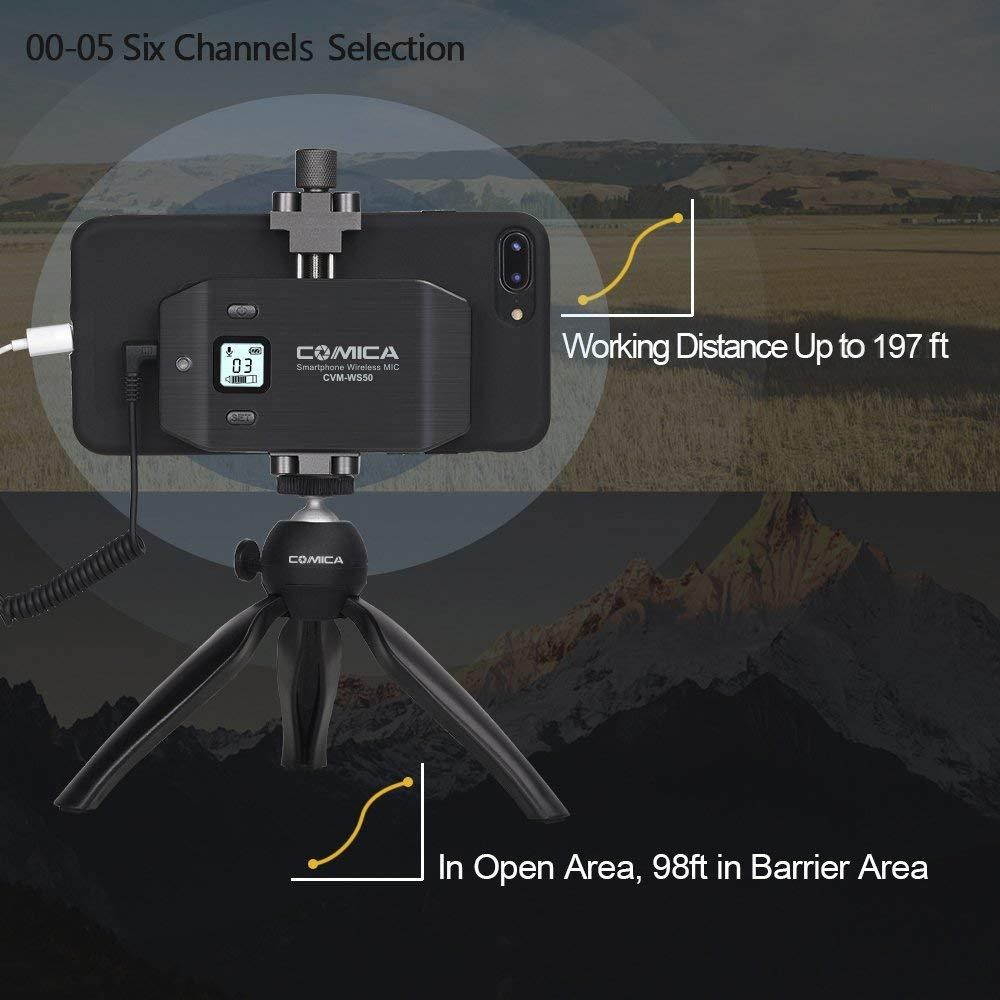 Comica CVM-WS50(C) Wireless Smart Phone Lavalier Microphone System, with UHF 6 Channels, 194FT Wireless Range, Built-in Chargable Battery, Microphone for iPhone Samsung Huawei and More