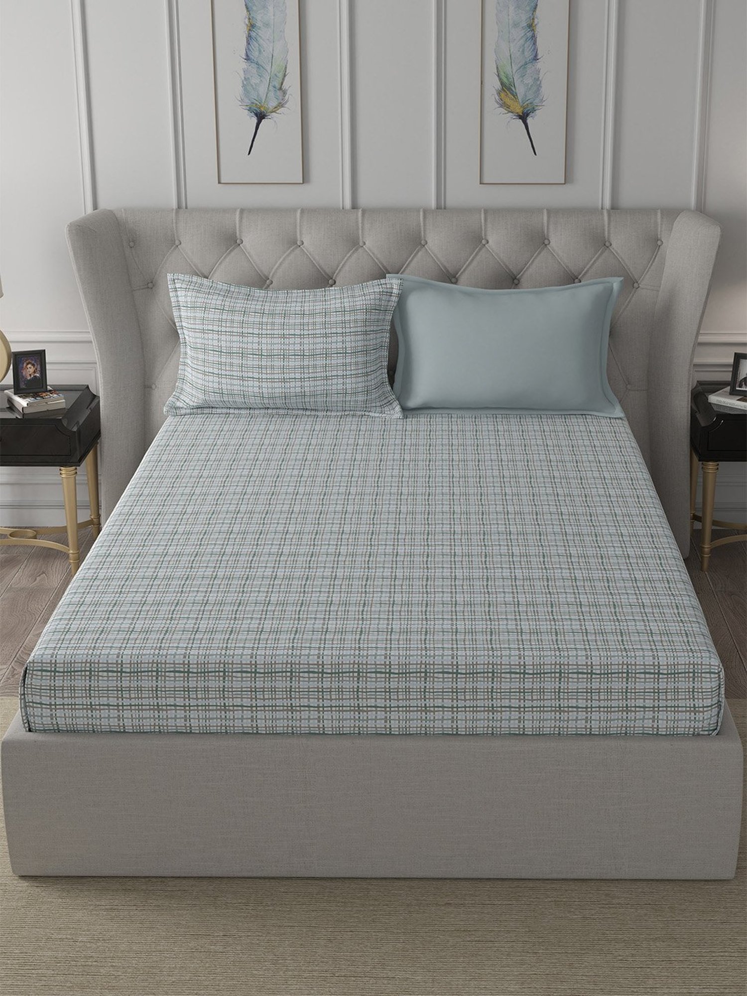 In-House by Maspar Blue 200 TC Cotton Printed Bed Sheet with 2 Pillow Cover