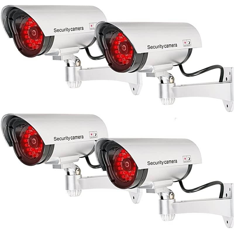 Bullet Dummy Fake Surveillance Security CCTV Dome Camera Indoor Outdoor with 30 Illuminating LED Light and Security Alert Sticker Decals S304 4 Packs Silver