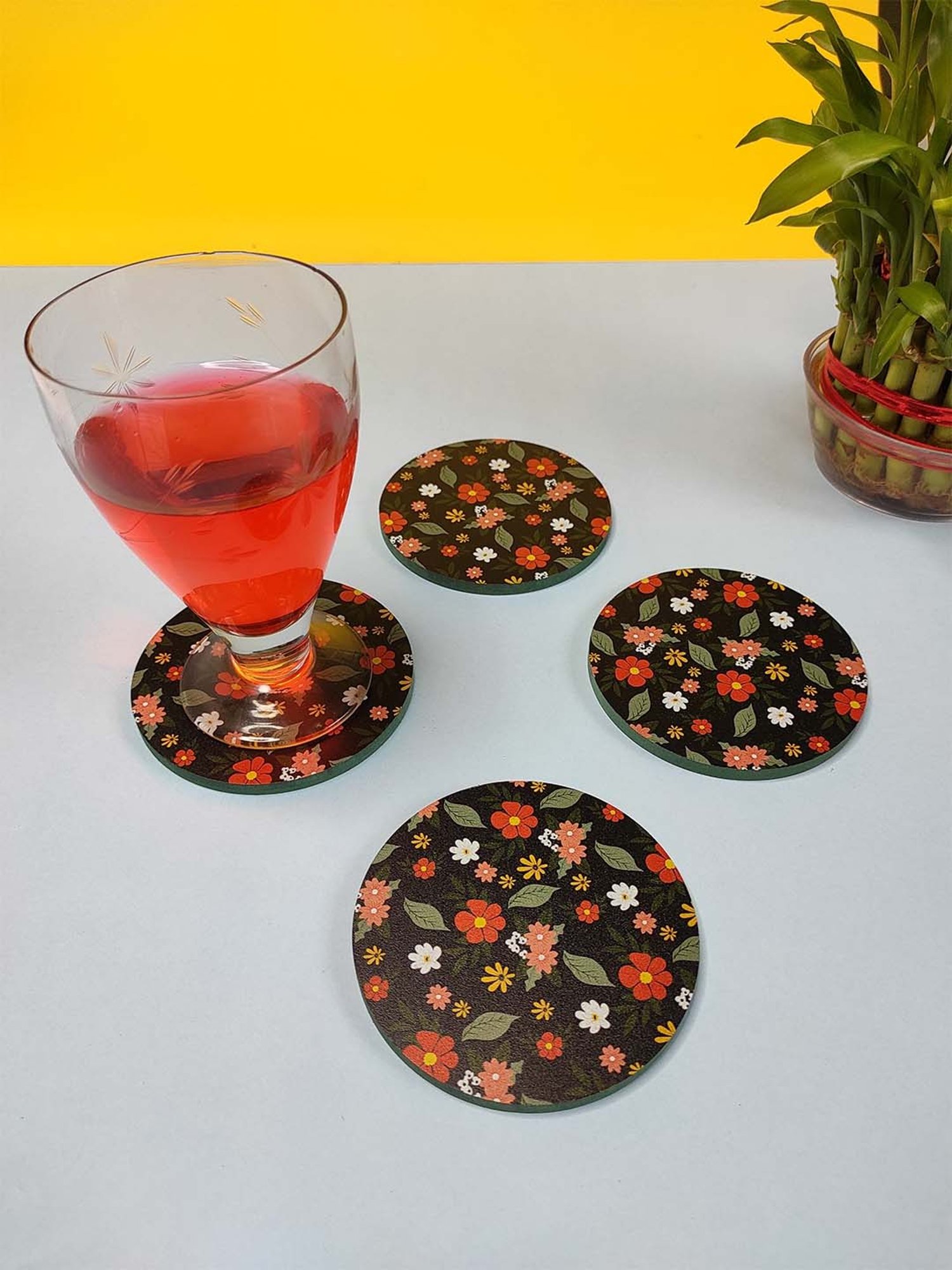 Crayton Black Wooden Floral Printed Round Coasters - Set of 4