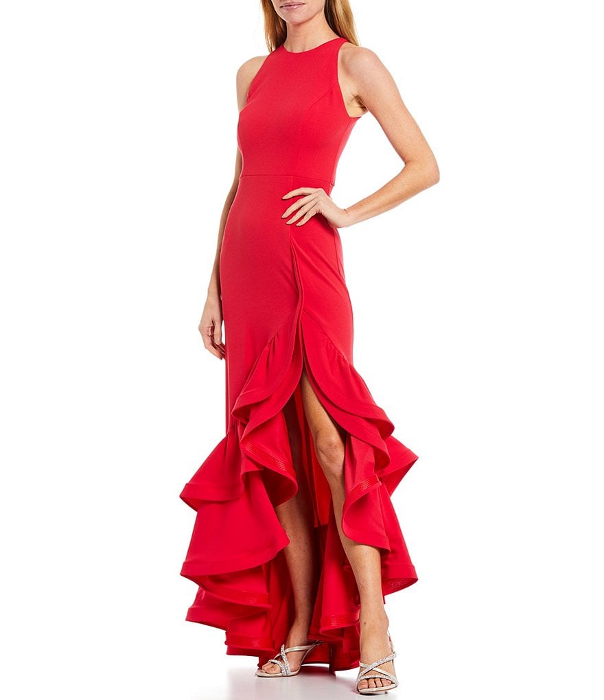 Betsy & Adam Halter Ruffle Hi-Low Hem Stretch Crepe Gown