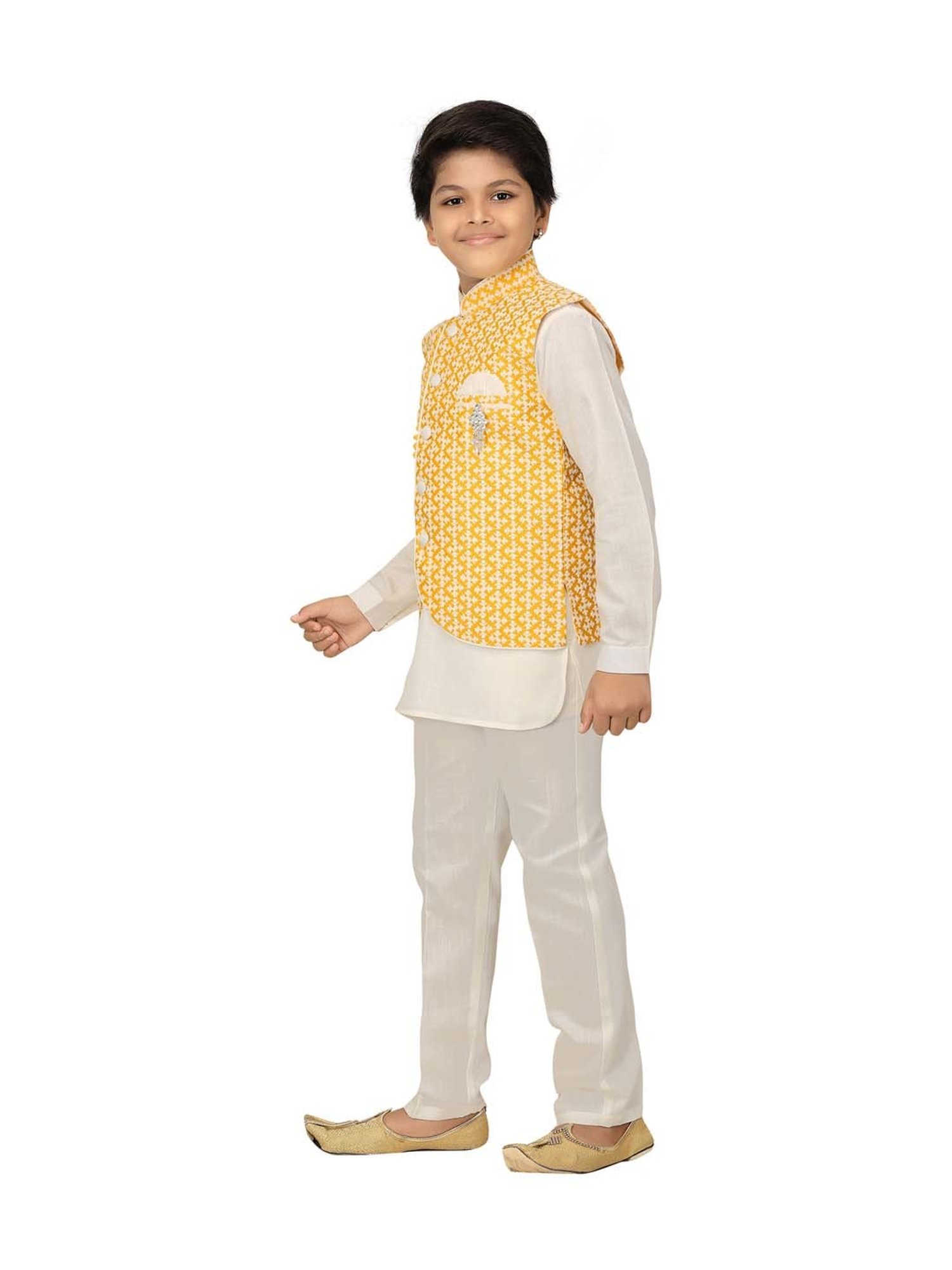 Ahhaaaa Kids White & Yellow Cotton Embroidered Full Sleeves Kurta Set