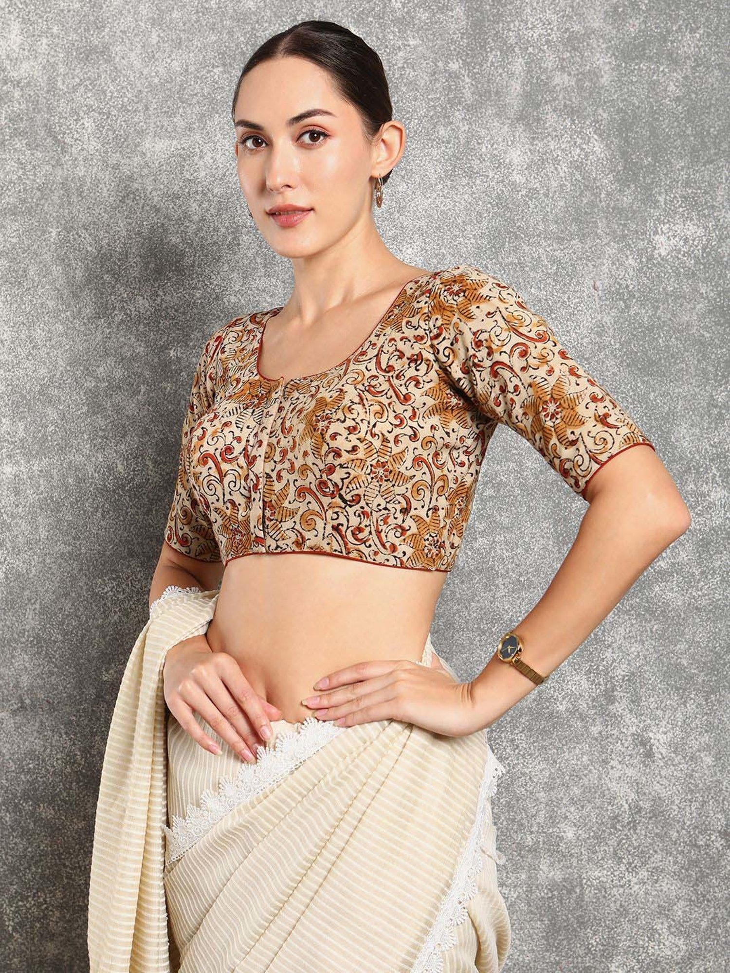 Salwar Studio Beige Cotton Printed Blouse