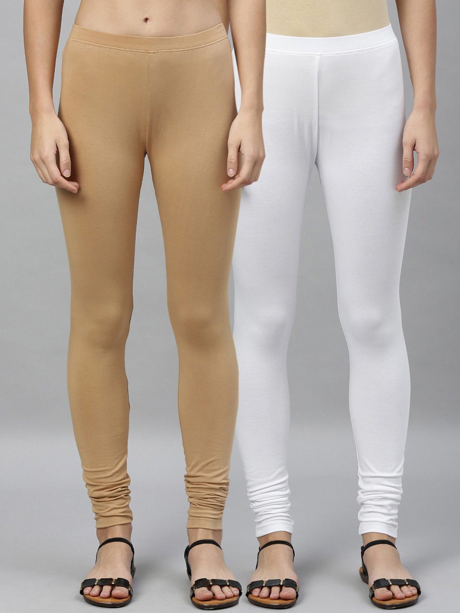 Kryptic Beige & White Cotton Regular Fit Leggings (Pack Of 2)