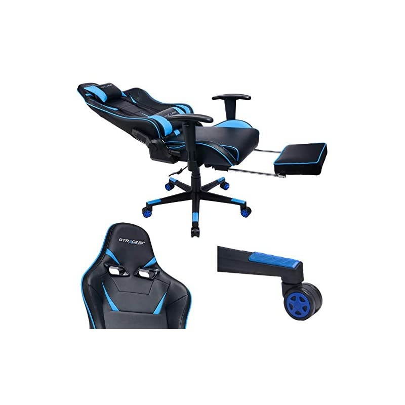 Gaming Chair with Footrest Big and Tall Office Executive Chair Heavy Duty Adjustable Recliner with Headrest Lumbar Support Cushion Desk Chair (Black&Blue)