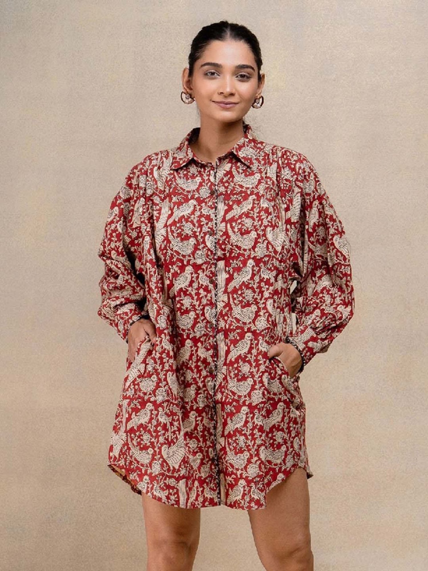 Okhai Red Floral Print Pure Cotton Ethnic Dress With Belt