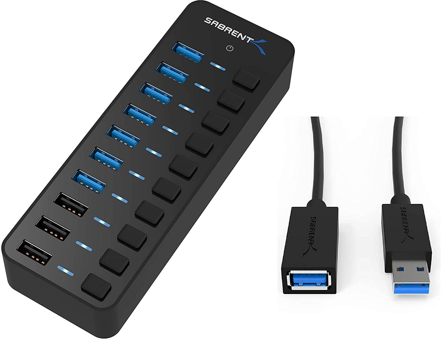 Sabrent 60W 10-Port USB 3.0 Hub + 22AWG 3 Feet USB 3.0 Extension Cable