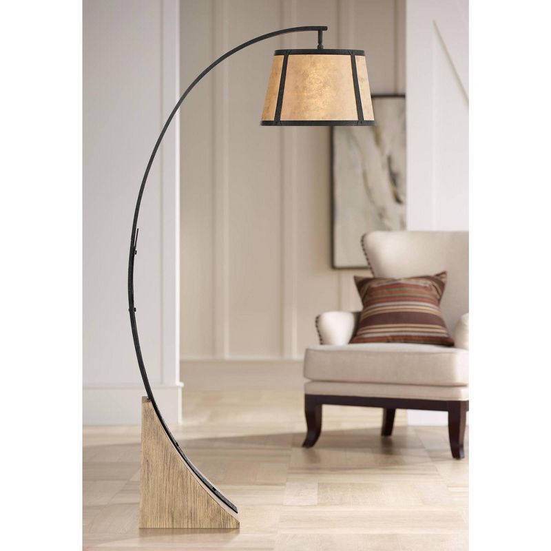 Franklin Iron Works Rustic Mission Arc Floor Lamp Dark Gray Wood Base Mica Shade for Living Room Reading Bedroom Office