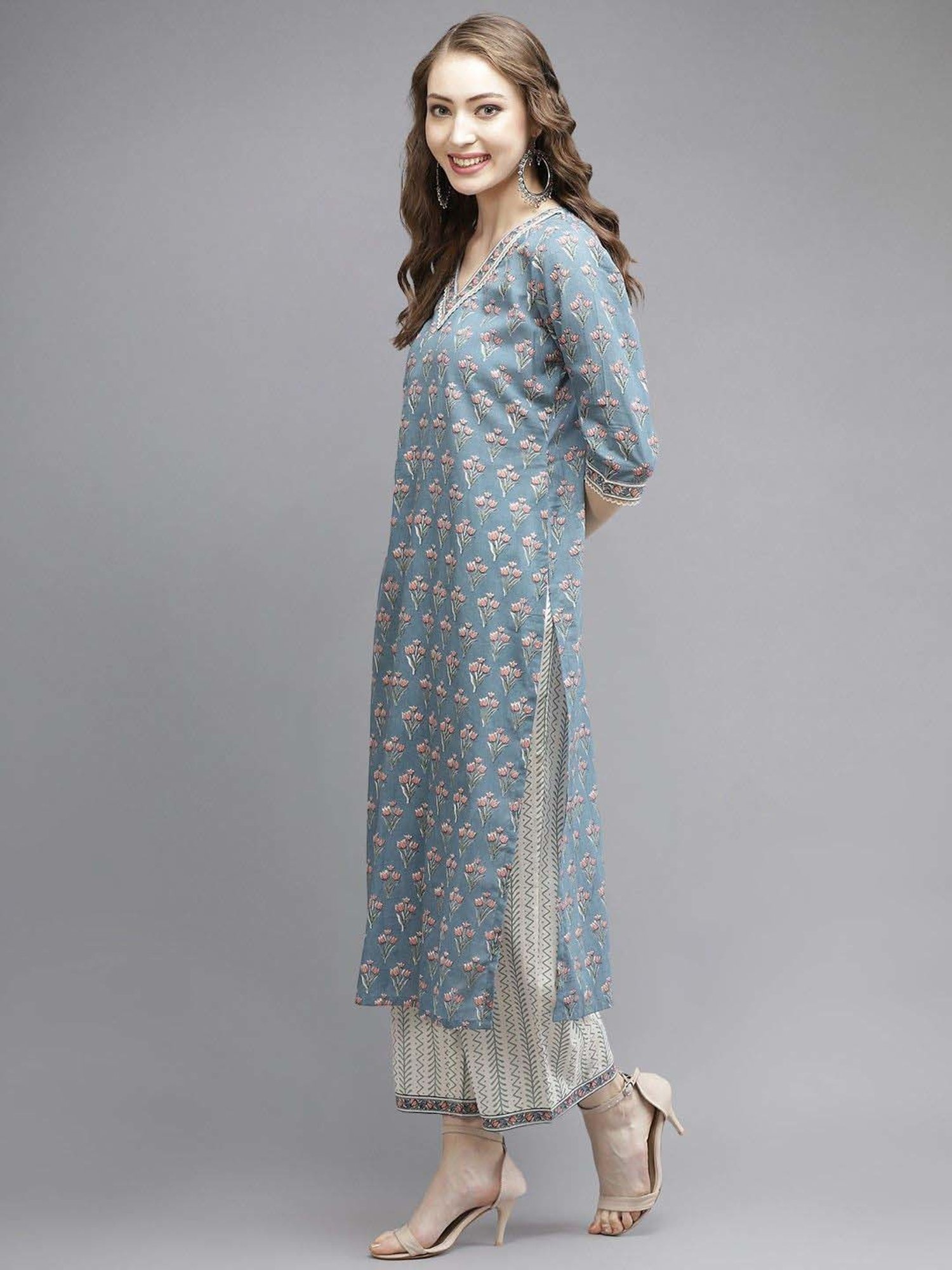 Libas Blue & White Cotton Printed Kurta Palazzo Set With Dupatta
