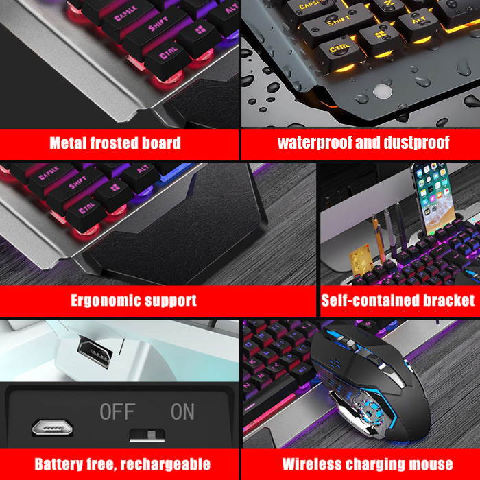 Wireless Gaming Keyboard and Mouse with Rainbow Backlit Rechargeable Metal Panel Mechanical Feel Keyboard and Gaming Mouse for Gamer Laptop PC,Black