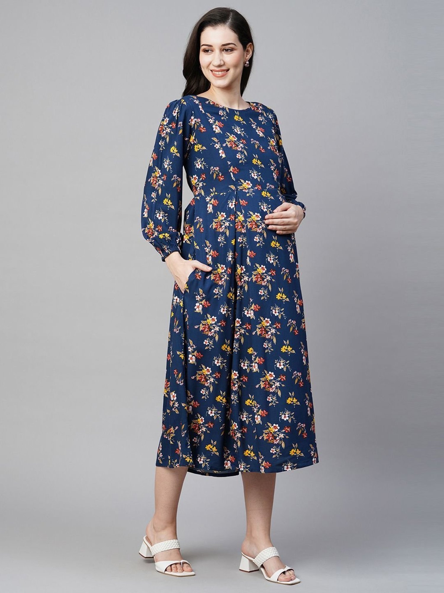MomToBe Blue Printed Maternity Dress