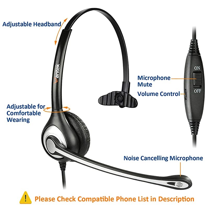 Corded Telephone Headset Monaural with Noise Canceling Mic Work for Yealink T19P T20P T21P T22P T26P T28P Avaya 1608 9640 Cisco 7905 Grandstream Snom AltiGen Panasonic KXT IP PhonesF600Y1