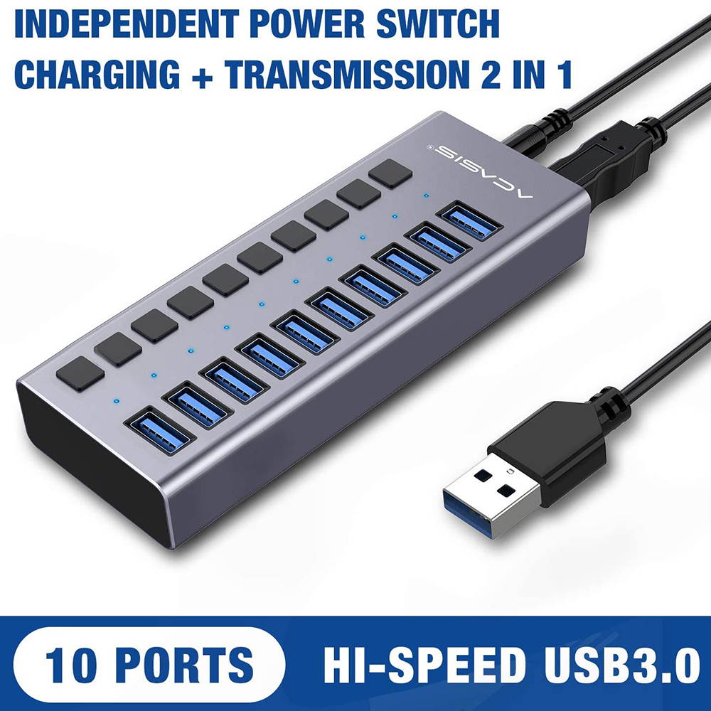 Powered USB Hub - 10 Ports 48W USB 3.0 Data Hub - with Individual On/Off Switches and 12V/4A Power Adapter USB Hub 3.0 Splitter for Laptop, PC, Computer, Mobile HDD, Flash Drive and More