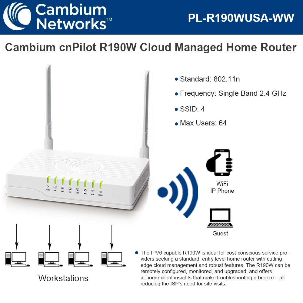 cambium networks cnpilot r190w router for home clients  2.4 ghz wlan  ipv6 capable  cloud managed  us cord 802.11n plr190wusaww