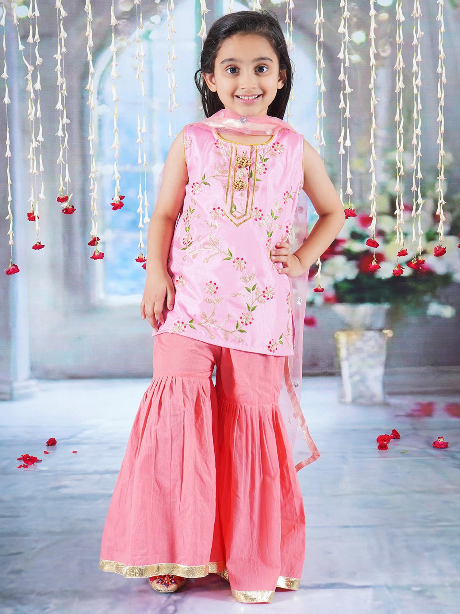 Little Bansi Kids Pink & Coral Embroidered Kurta, Gharara with Dupatta