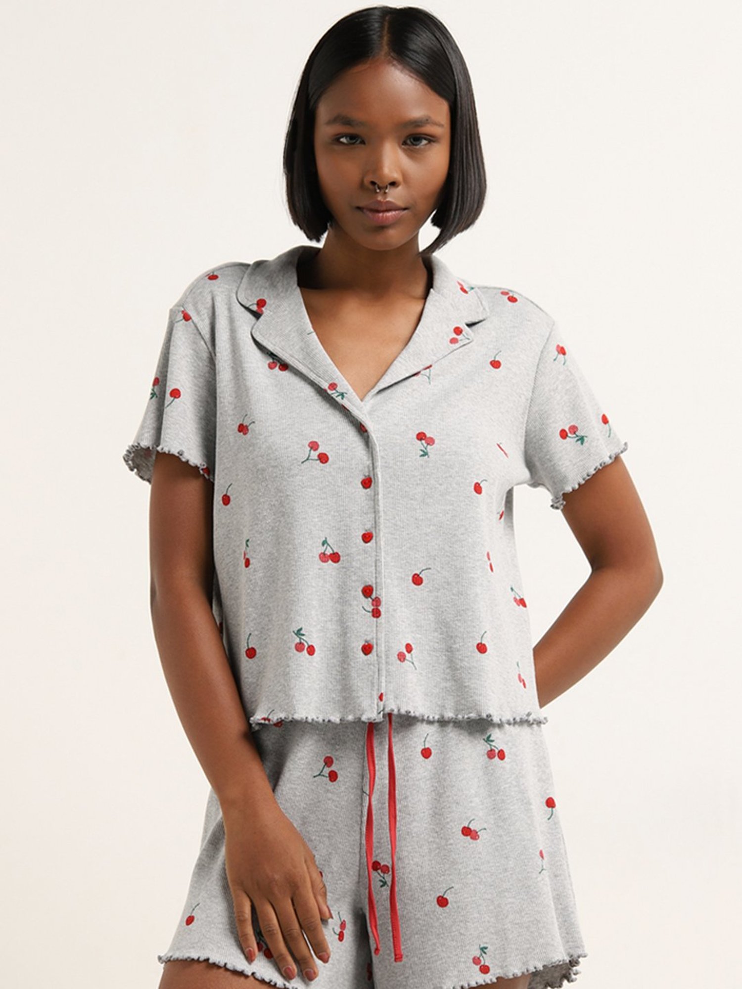 Superstar by Westside Grey Cherry Print Ribbed Cotton Blend Shirt